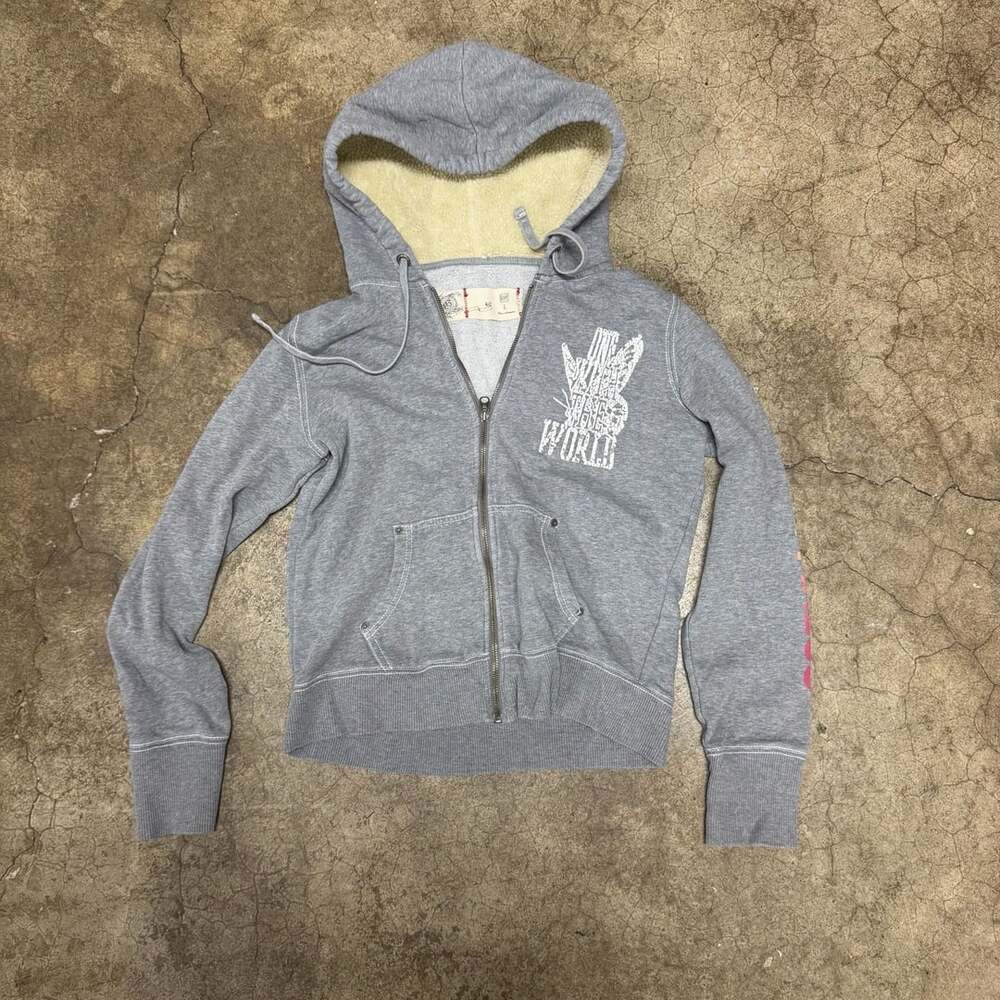 Gap One With The World Hoodie Size L Gray Zip Up Sherpa Lined Y2K
